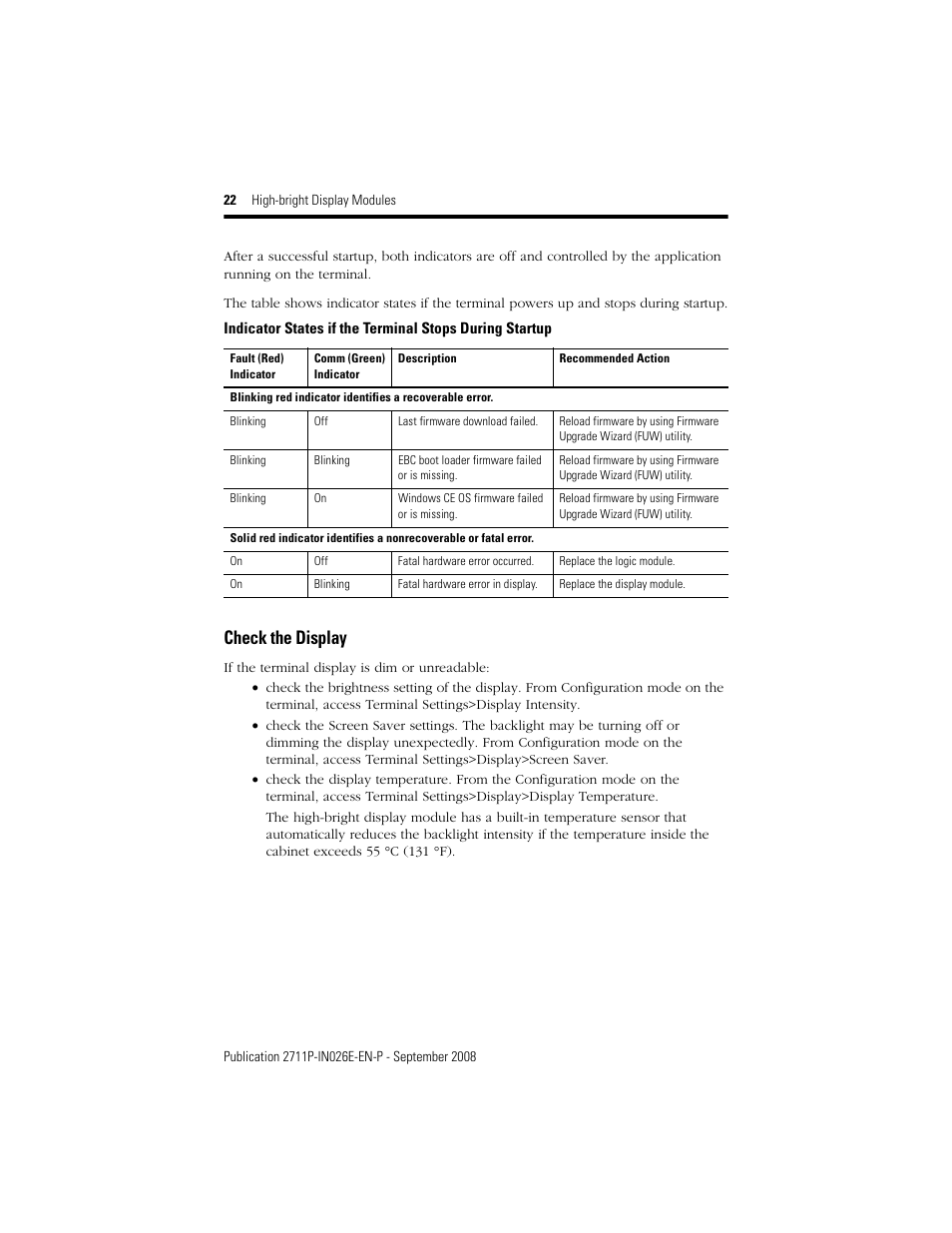 Check the display | Rockwell Automation 2711P-RDT12H High-bright Display Module User Manual | Page 22 / 28