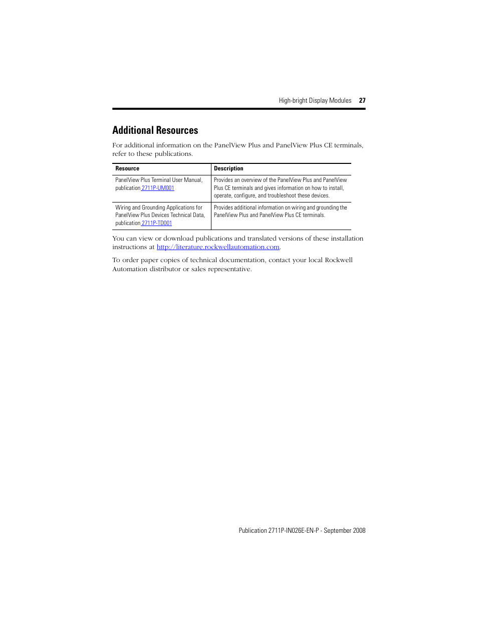 Additional resources | Rockwell Automation 2711P-RDT12H High-bright Display Module User Manual | Page 27 / 28
