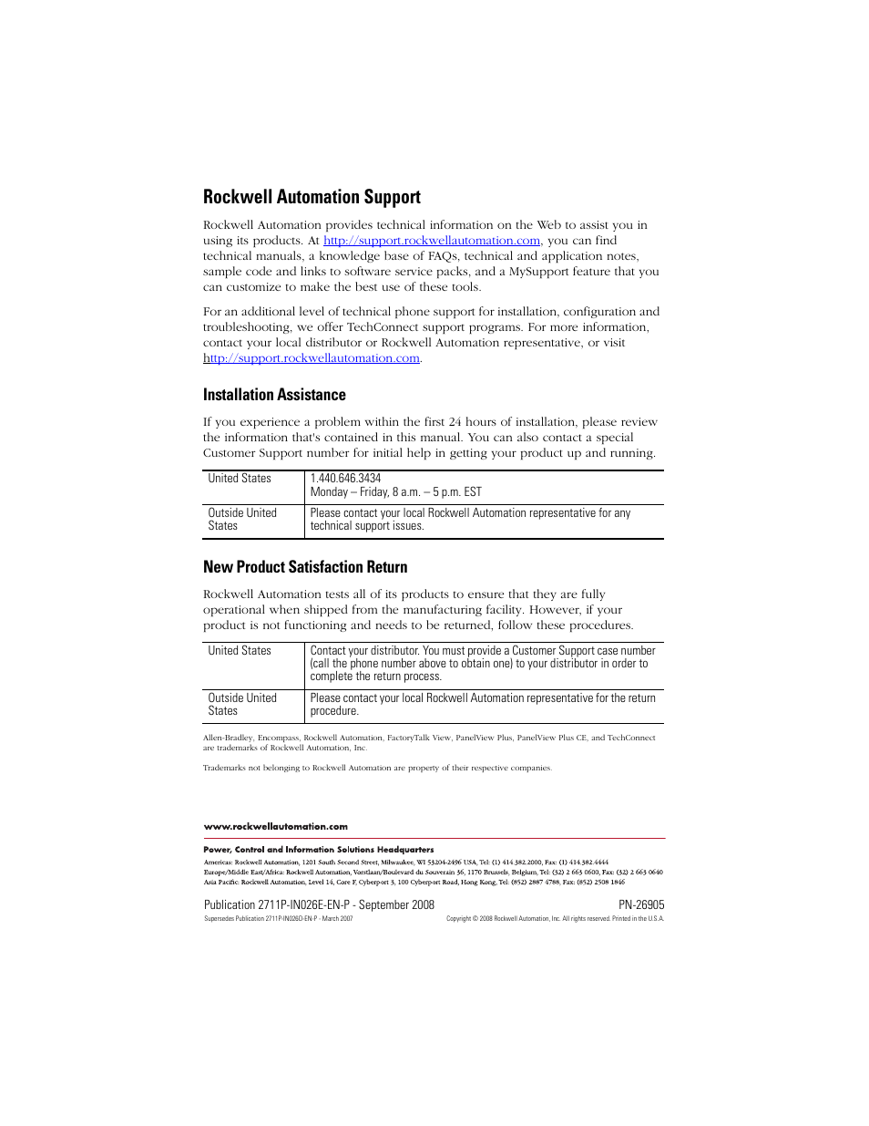 Back cover, Rockwell automation support, Installation assistance | New product satisfaction return | Rockwell Automation 2711P-RDT12H High-bright Display Module User Manual | Page 28 / 28