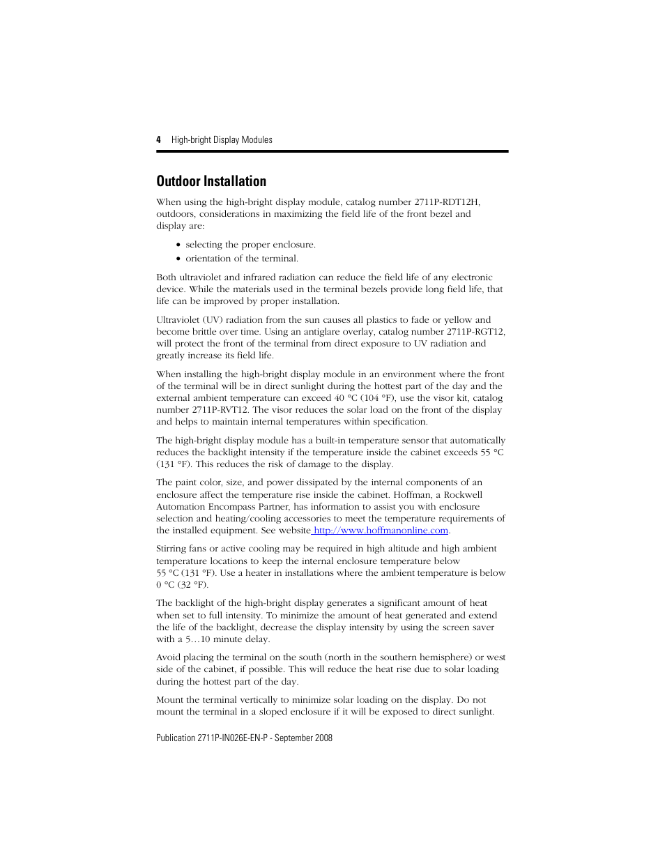 Outdoor installation | Rockwell Automation 2711P-RDT12H High-bright Display Module User Manual | Page 4 / 28