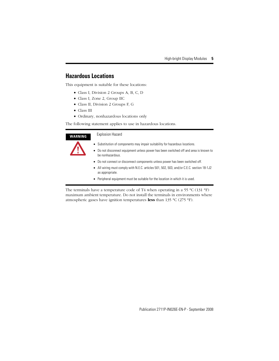 Hazardous locations | Rockwell Automation 2711P-RDT12H High-bright Display Module User Manual | Page 5 / 28