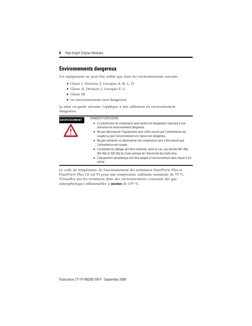 Environnements dangereux | Rockwell Automation 2711P-RDT12H High-bright Display Module User Manual | Page 6 / 28