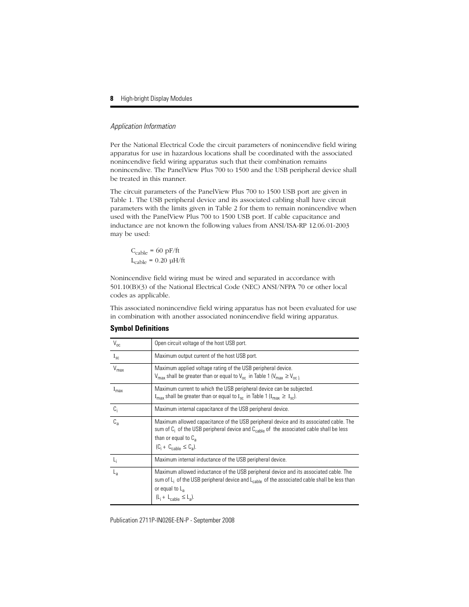 Application information, Symbol definitions | Rockwell Automation 2711P-RDT12H High-bright Display Module User Manual | Page 8 / 28