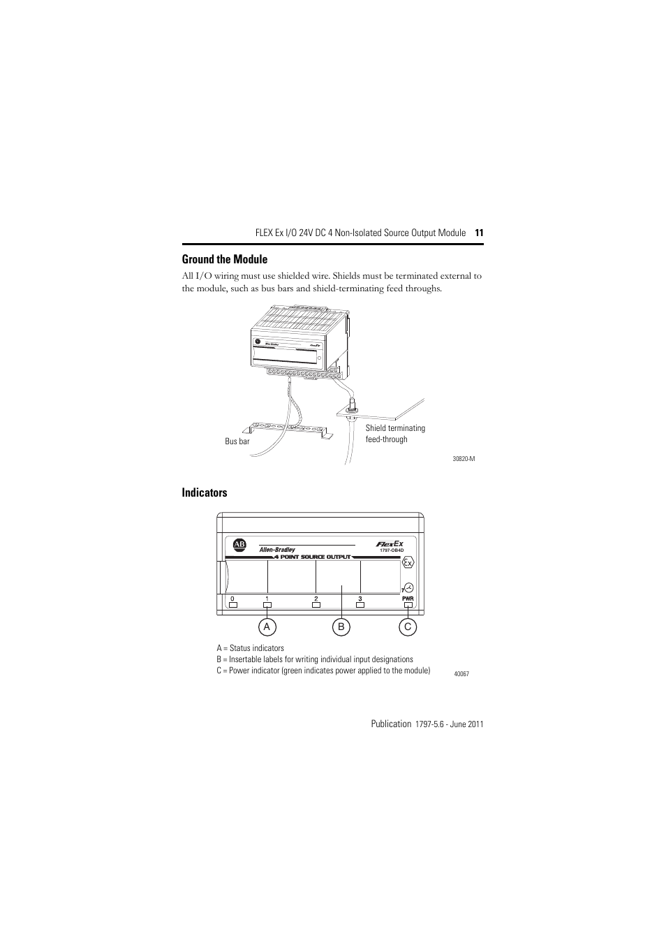 Ground the module, Indicators | Rockwell Automation 1797-OB4D FLEX Ex 24V DC Nonisolated Source 4 Output Module User Manual | Page 11 / 30