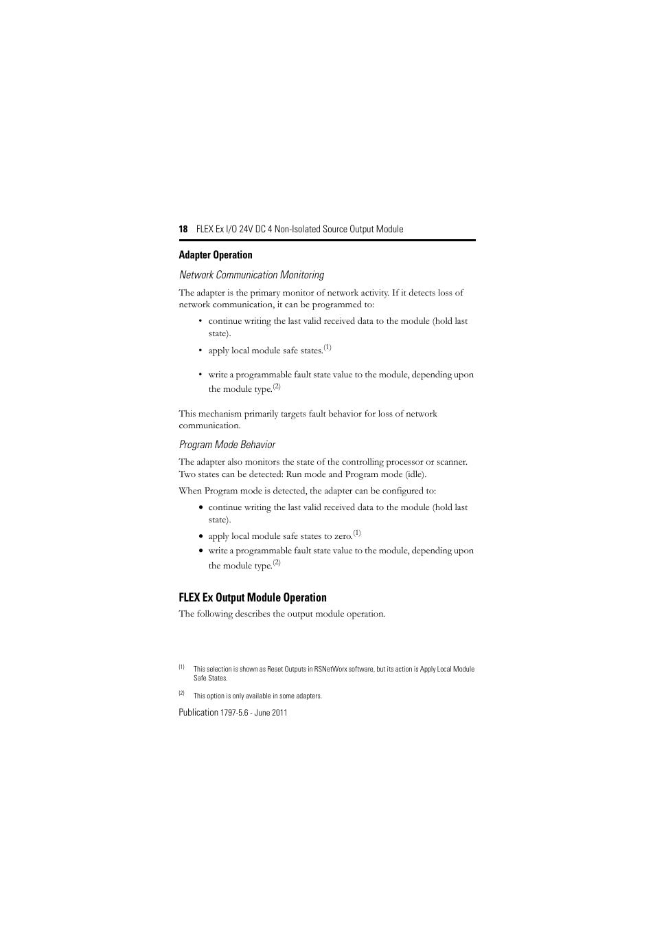 Adapter operation, Flex ex output module operation | Rockwell Automation 1797-OB4D FLEX Ex 24V DC Nonisolated Source 4 Output Module User Manual | Page 18 / 30