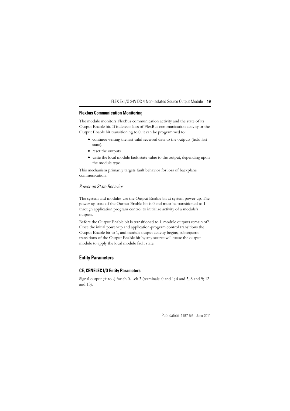 Flexbus communication monitoring, Entity parameters, Ce, cenelec i/o entity parameters | Rockwell Automation 1797-OB4D FLEX Ex 24V DC Nonisolated Source 4 Output Module User Manual | Page 19 / 30