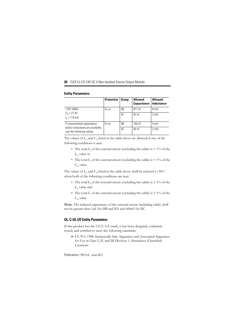 Ul, c-ul i/o entity parameters | Rockwell Automation 1797-OB4D FLEX Ex 24V DC Nonisolated Source 4 Output Module User Manual | Page 20 / 30
