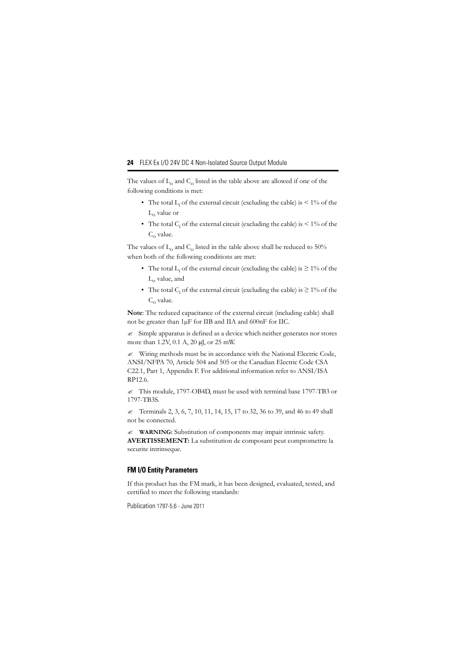 Fm i/o entity parameters | Rockwell Automation 1797-OB4D FLEX Ex 24V DC Nonisolated Source 4 Output Module User Manual | Page 24 / 30