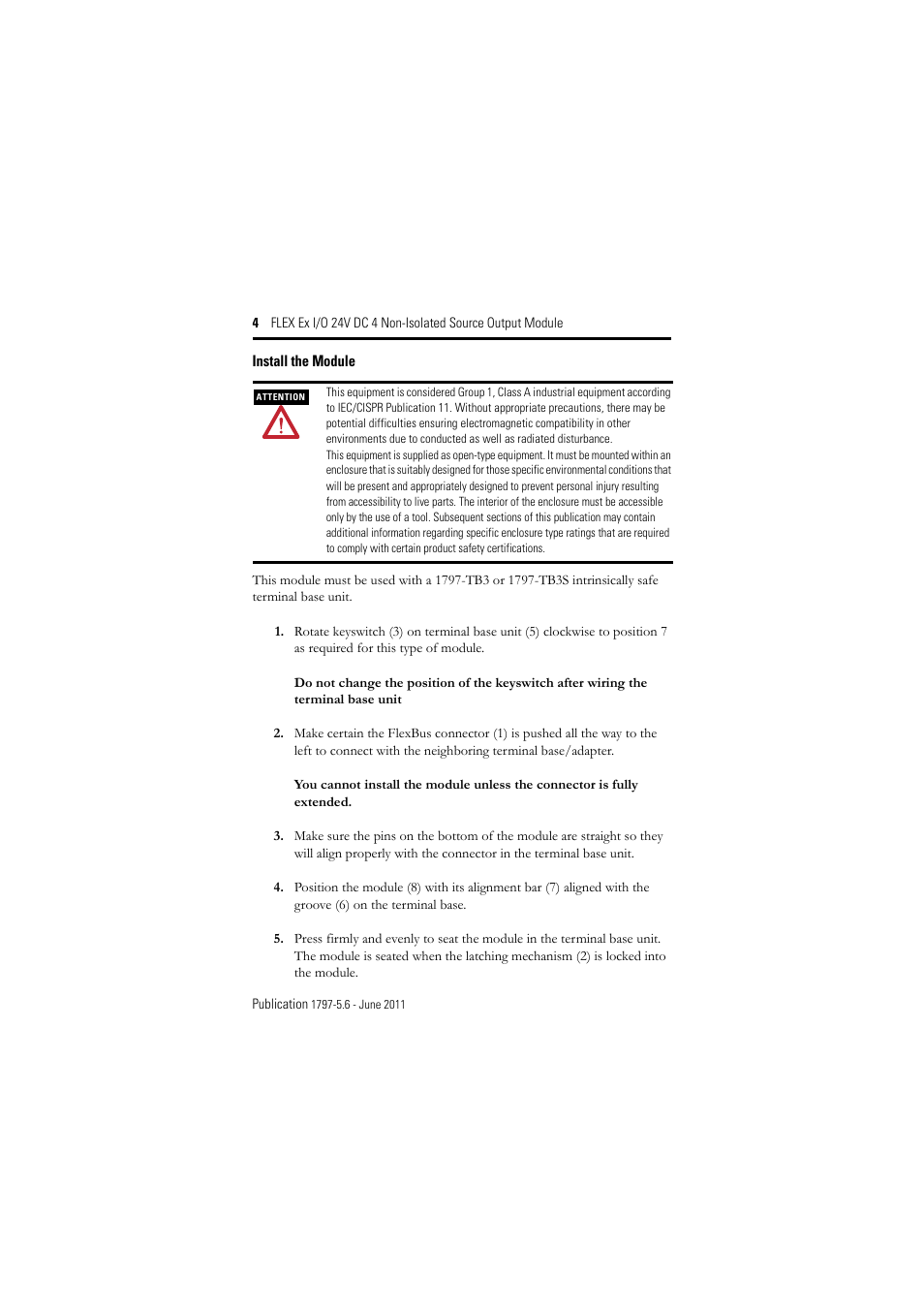 Install the module | Rockwell Automation 1797-OB4D FLEX Ex 24V DC Nonisolated Source 4 Output Module User Manual | Page 4 / 30