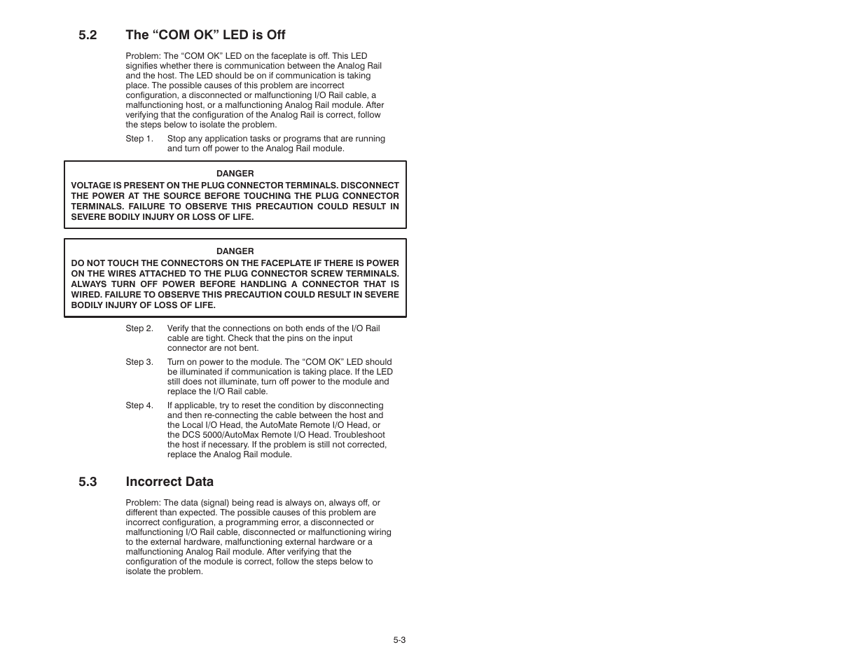 2 the "com ok" led is off, 3 incorrect data, 2 thecom ok" led is off | Rockwell Automation 61C345 4 Input 4-20mA Analog Rail Module User Manual | Page 35 / 48