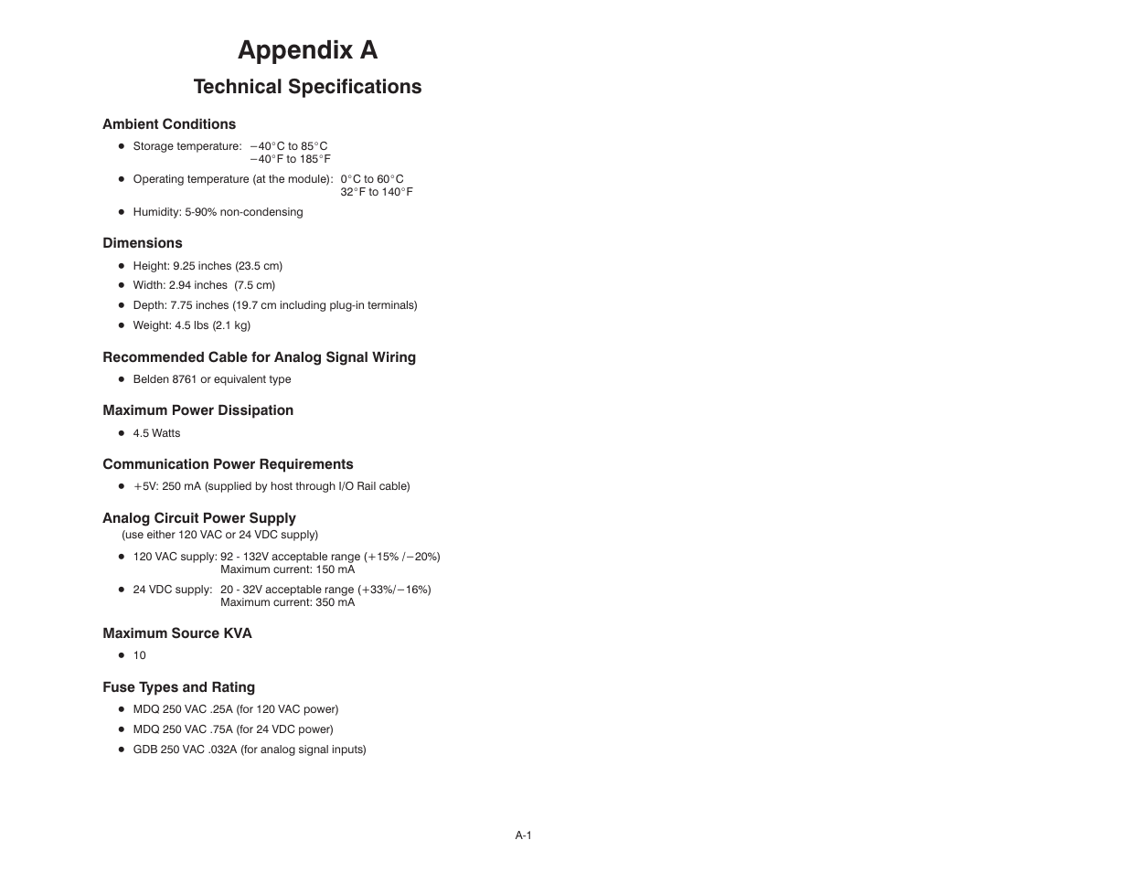 A technical specifications, Appendix a, Technical specifications | Rockwell Automation 61C345 4 Input 4-20mA Analog Rail Module User Manual | Page 39 / 48