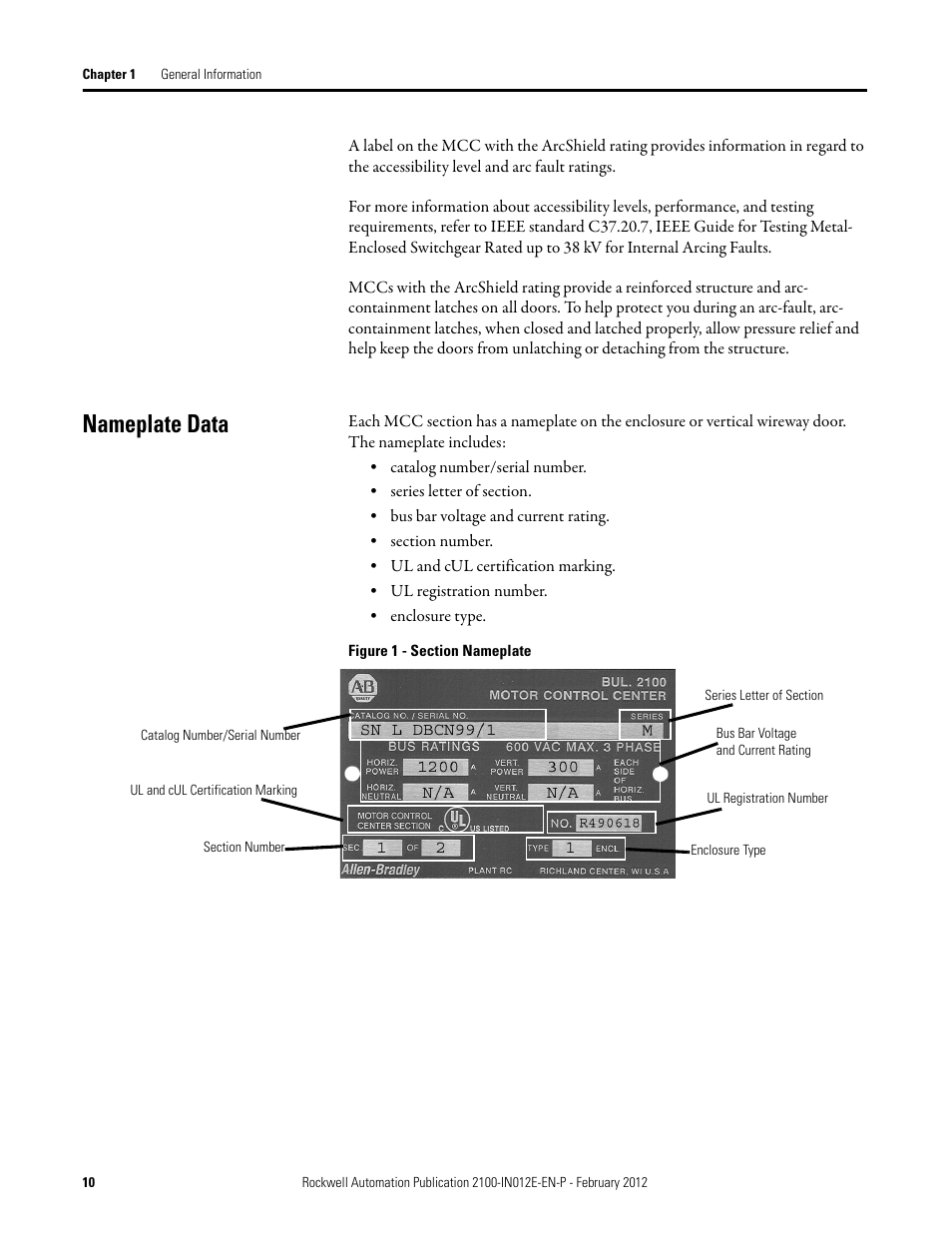 Nameplate data | Rockwell Automation 2100 CENTERLINE Low Voltage Motor Control Centers  User Manual | Page 10 / 112