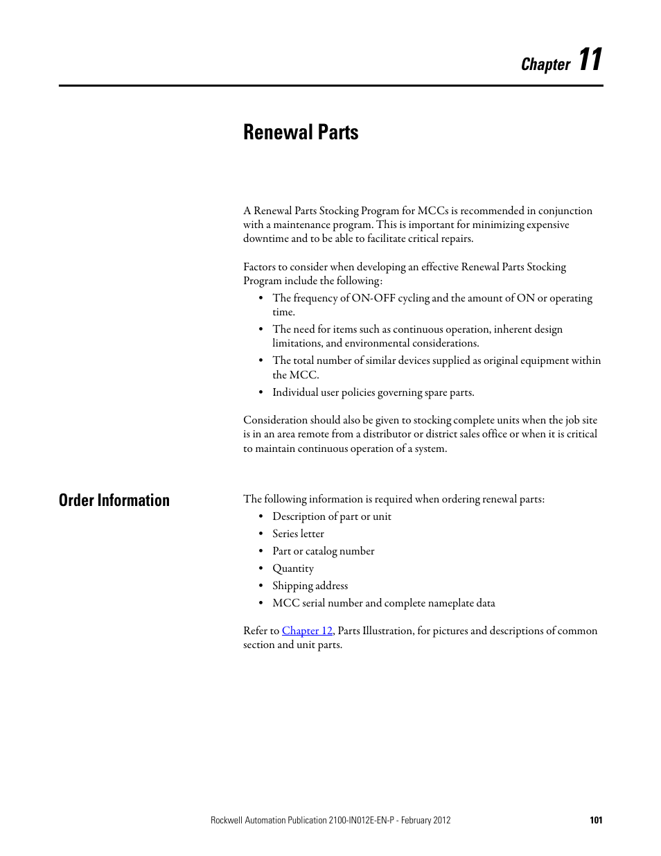 11 - renewal parts, Order information, Chapter 11 | Renewal parts, Chapter | Rockwell Automation 2100 CENTERLINE Low Voltage Motor Control Centers  User Manual | Page 101 / 112