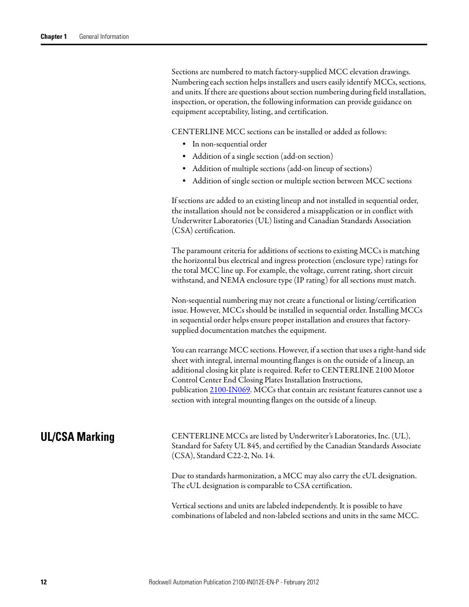 Ul/csa marking | Rockwell Automation 2100 CENTERLINE Low Voltage Motor Control Centers  User Manual | Page 12 / 112