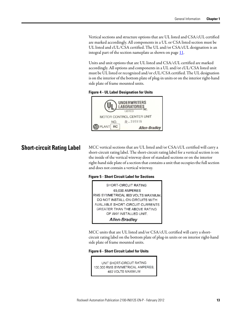Short-circuit rating label | Rockwell Automation 2100 CENTERLINE Low Voltage Motor Control Centers  User Manual | Page 13 / 112