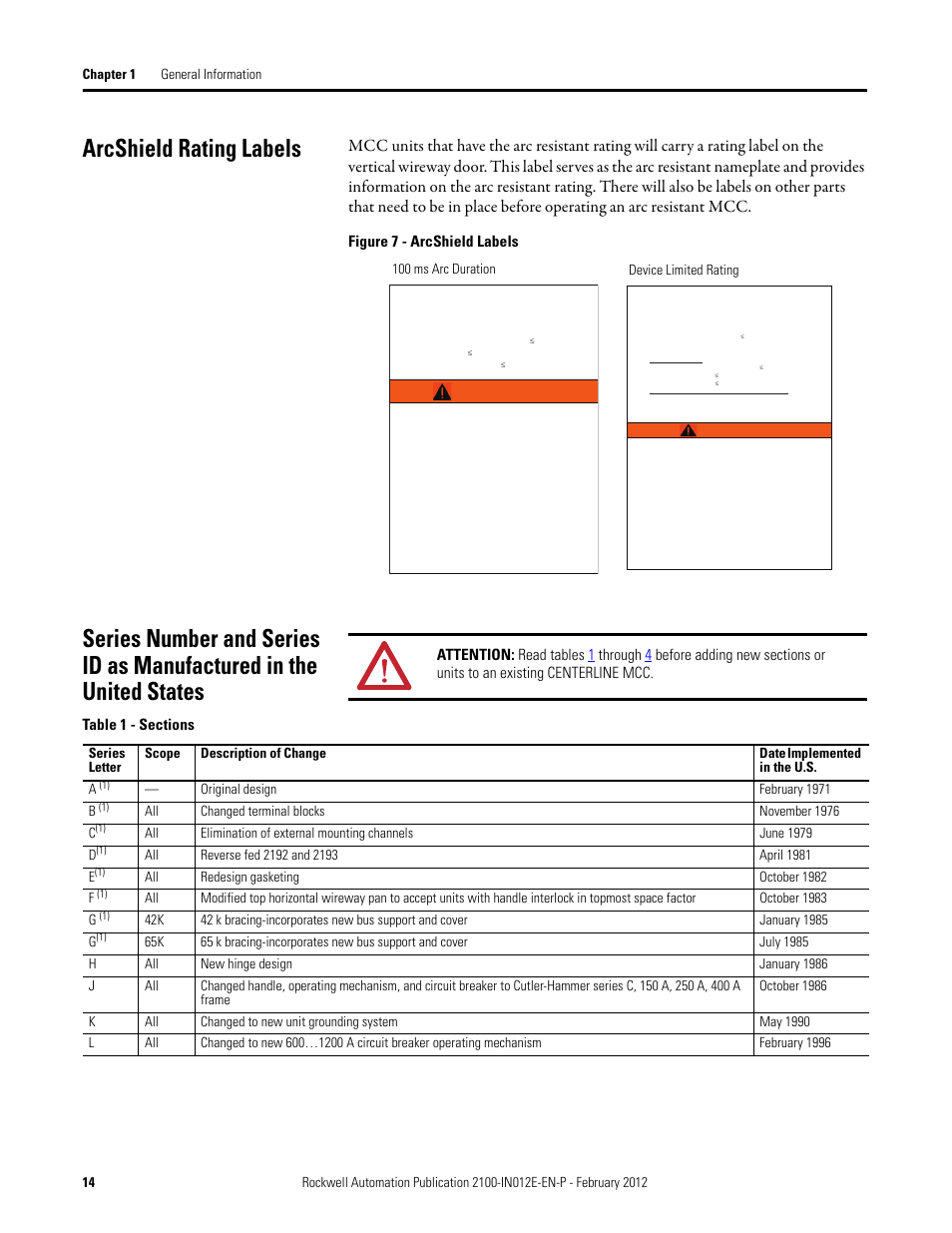 Arcshield rating labels, Warning, Figure 7 - arcshield labels | Rockwell Automation 2100 CENTERLINE Low Voltage Motor Control Centers  User Manual | Page 14 / 112