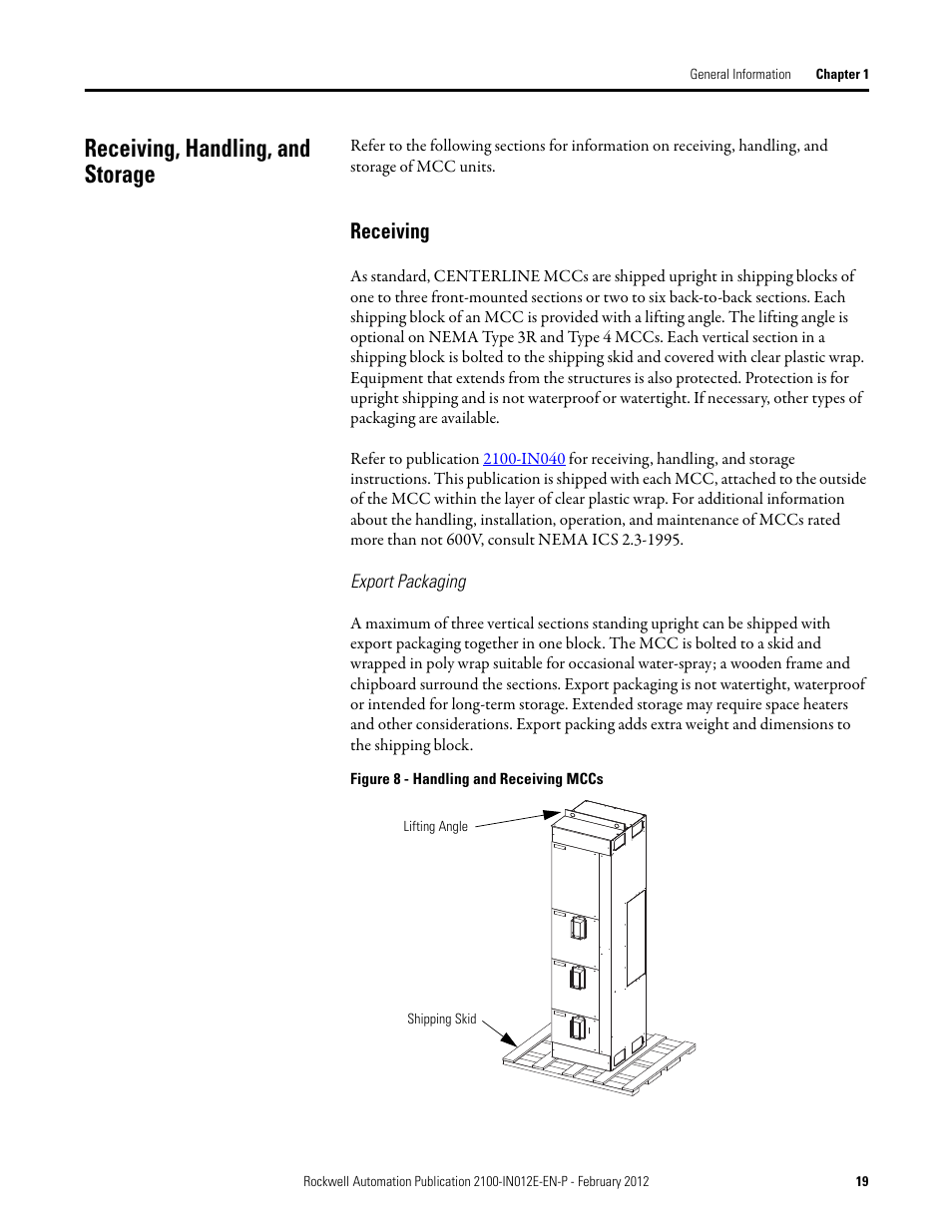 Receiving, handling, and storage, Receiving | Rockwell Automation 2100 CENTERLINE Low Voltage Motor Control Centers  User Manual | Page 19 / 112