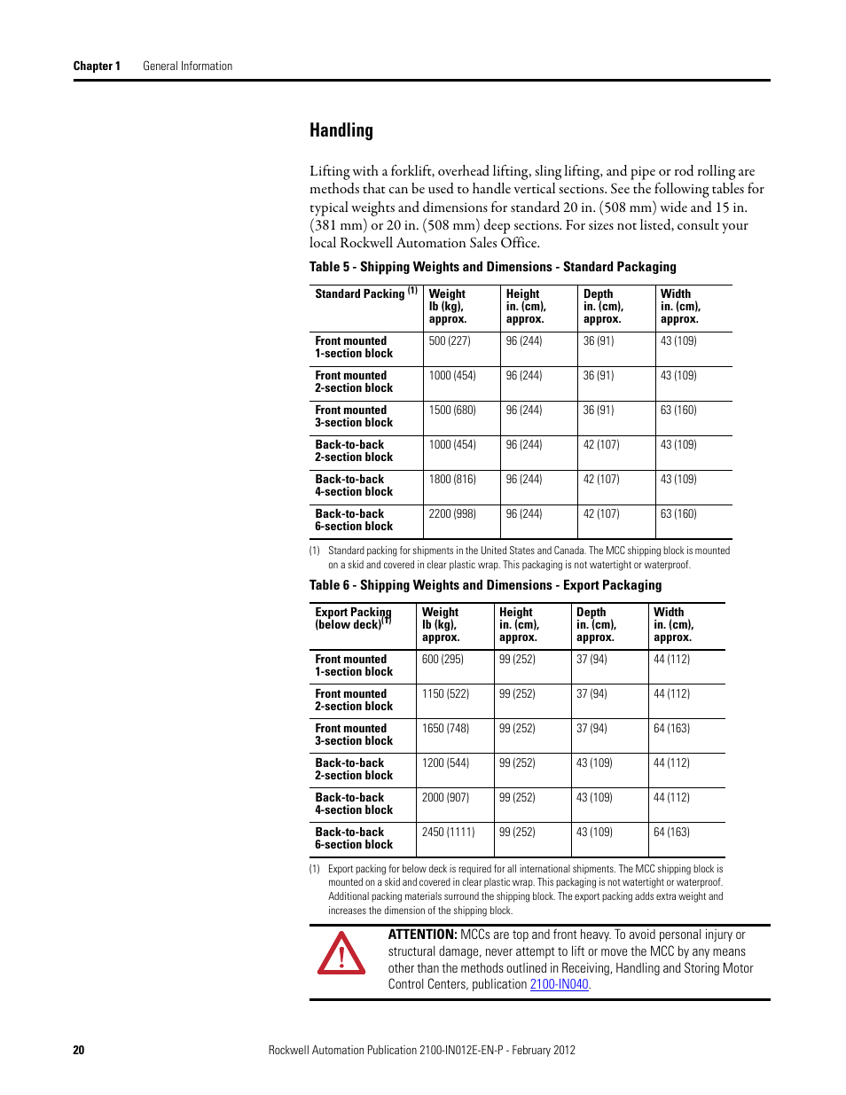 Handling | Rockwell Automation 2100 CENTERLINE Low Voltage Motor Control Centers  User Manual | Page 20 / 112