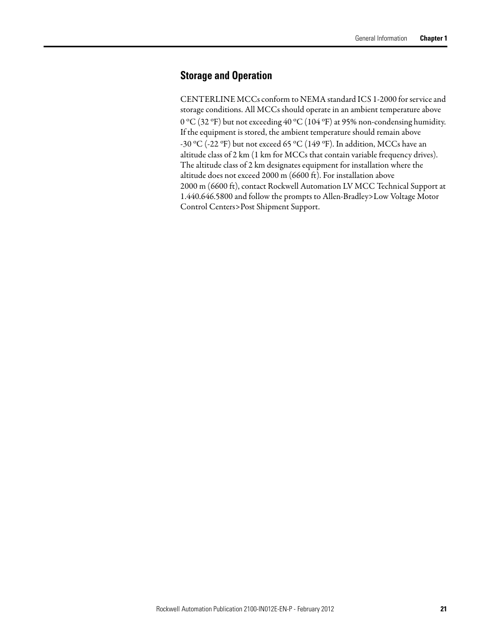 Storage and operation | Rockwell Automation 2100 CENTERLINE Low Voltage Motor Control Centers  User Manual | Page 21 / 112