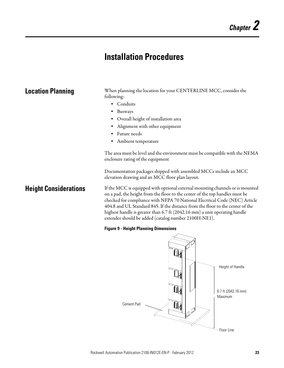 2 - installation procedures, Location planning, Height considerations | Chapter 2, Installation procedures, Location planning height considerations, Chapter | Rockwell Automation 2100 CENTERLINE Low Voltage Motor Control Centers  User Manual | Page 23 / 112