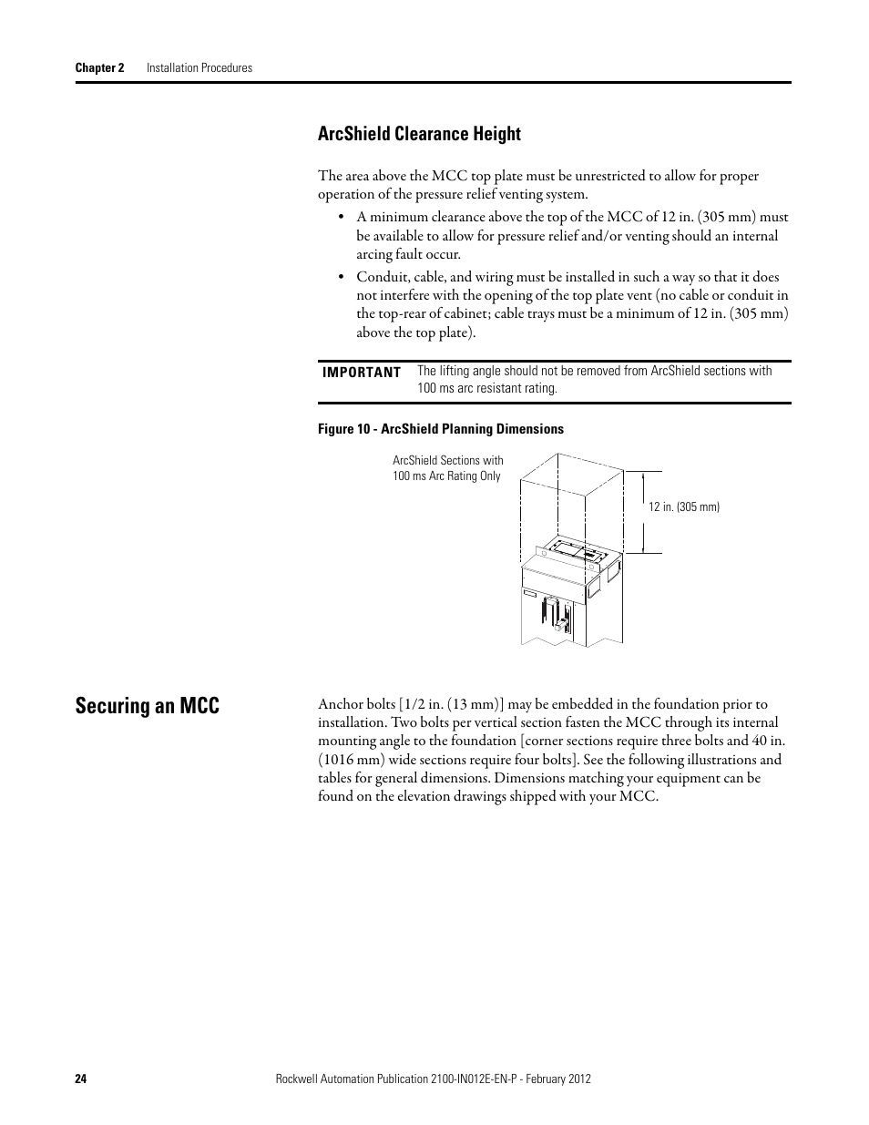 Arcshield clearance height, Securing an mcc | Rockwell Automation 2100 CENTERLINE Low Voltage Motor Control Centers  User Manual | Page 24 / 112