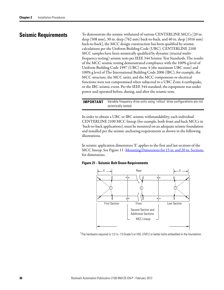 Seismic requirements | Rockwell Automation 2100 CENTERLINE Low Voltage Motor Control Centers  User Manual | Page 36 / 112