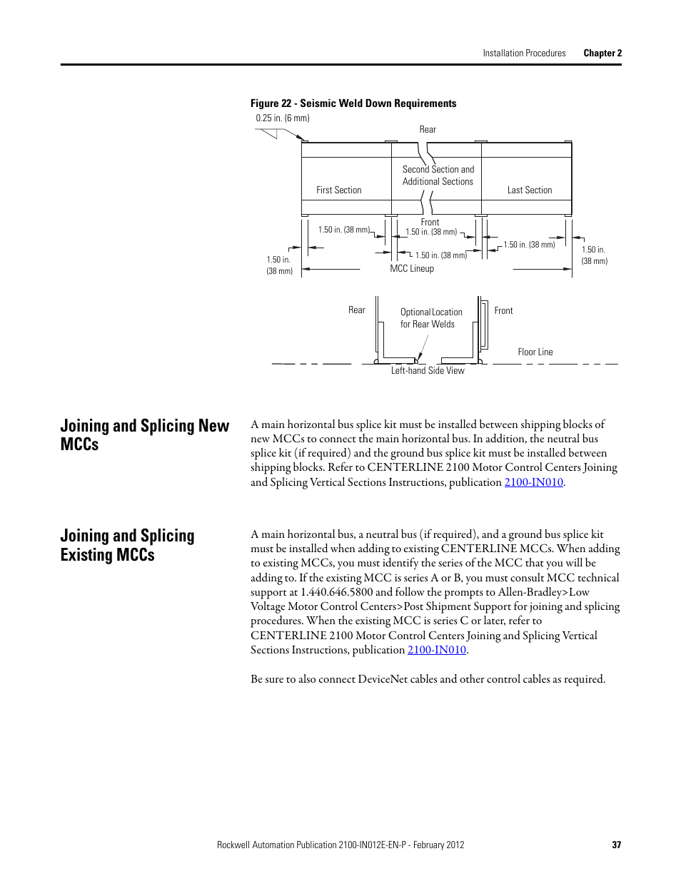 Joining and splicing new mccs, Joining and splicing existing mccs | Rockwell Automation 2100 CENTERLINE Low Voltage Motor Control Centers  User Manual | Page 37 / 112