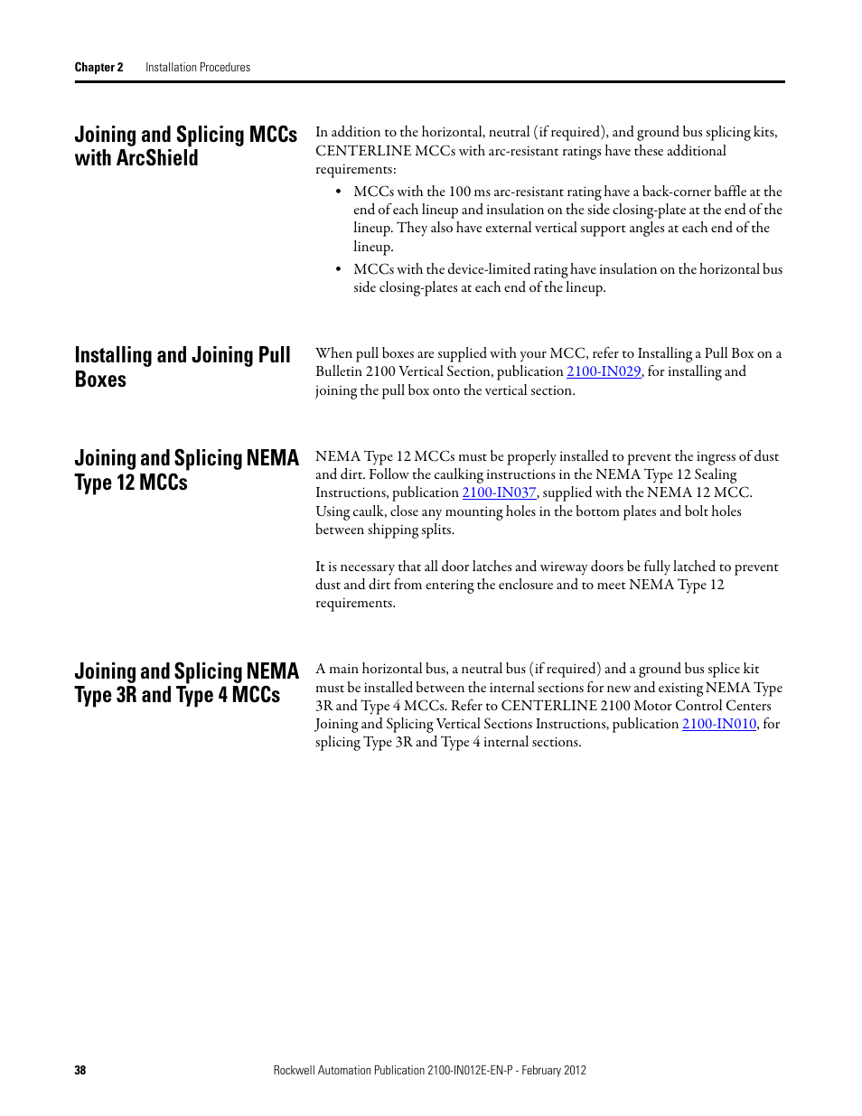 Joining and splicing mccs with arcshield, Installing and joining pull boxes, Joining and splicing nema type 12 mccs | Joining and splicing nema type 3r and type 4 mccs | Rockwell Automation 2100 CENTERLINE Low Voltage Motor Control Centers  User Manual | Page 38 / 112