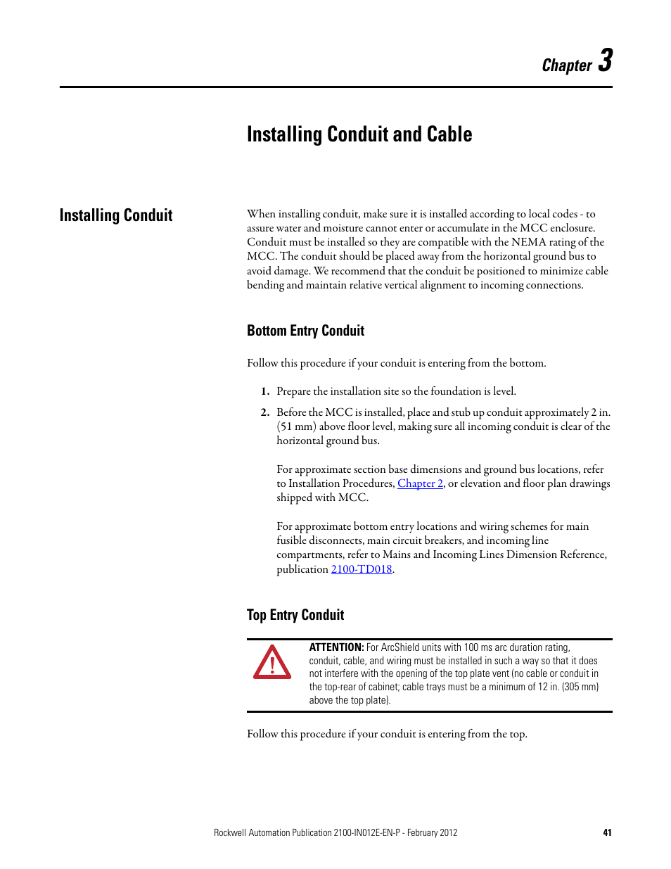 3 - installing conduit and cable, Installing conduit, Bottom entry conduit | Top entry conduit, Chapter 3, Installing conduit and cable, Chapter | Rockwell Automation 2100 CENTERLINE Low Voltage Motor Control Centers  User Manual | Page 41 / 112