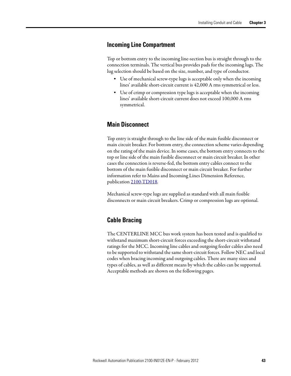 Incoming line compartment, Main disconnect, Cable bracing | Rockwell Automation 2100 CENTERLINE Low Voltage Motor Control Centers  User Manual | Page 43 / 112