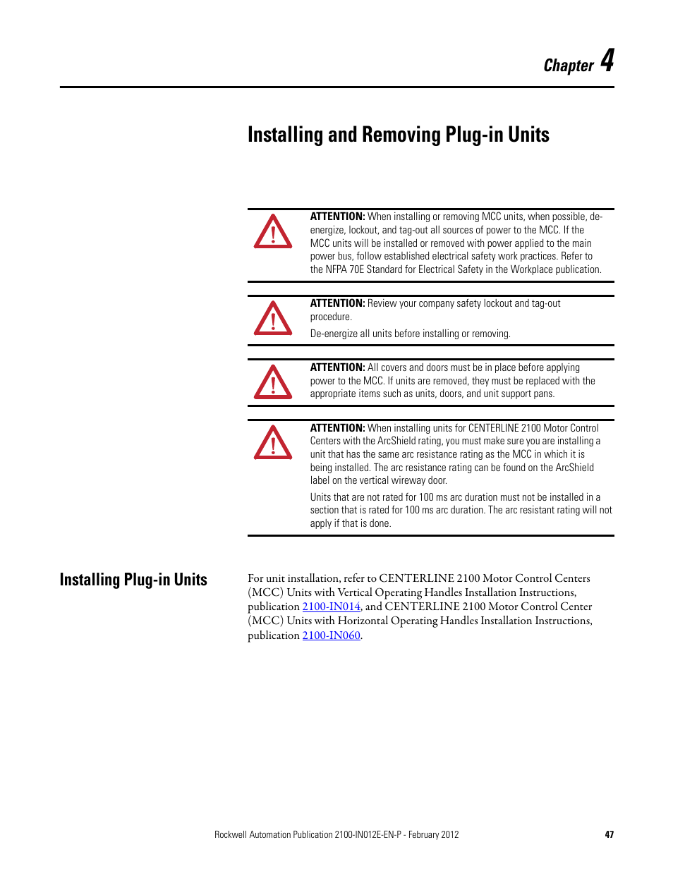4 - installing and removing plug-in units, Installing plug-in units, Chapter 4 | Installing and removing plug-in units, Chapter | Rockwell Automation 2100 CENTERLINE Low Voltage Motor Control Centers  User Manual | Page 47 / 112