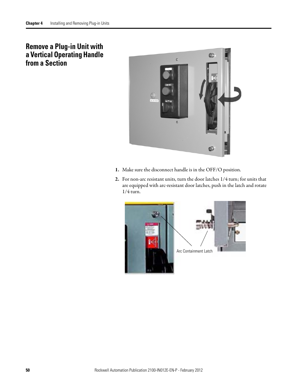 Remove a plug-in unit with a vertical, Operating handle from a section | Rockwell Automation 2100 CENTERLINE Low Voltage Motor Control Centers  User Manual | Page 50 / 112