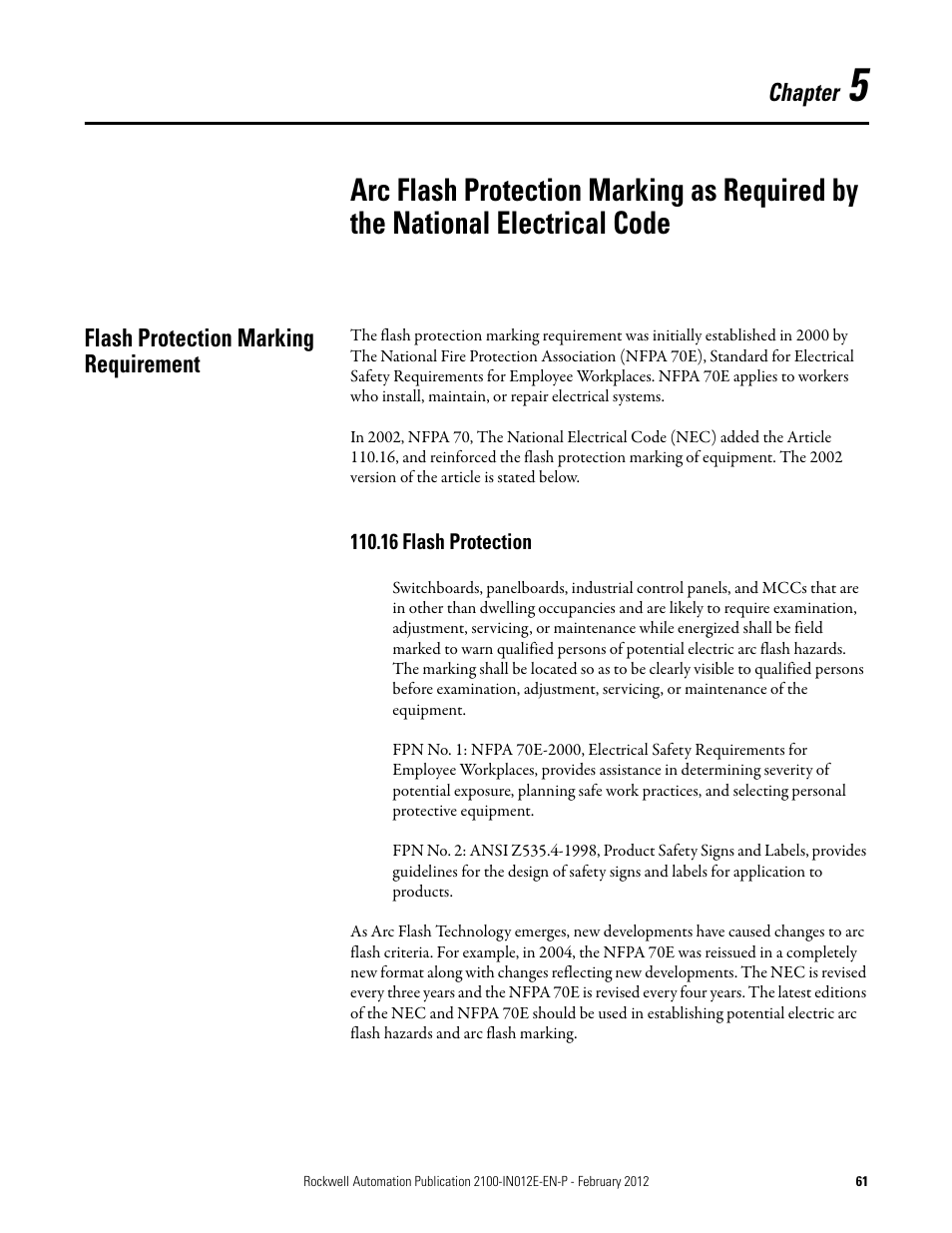 Flash protection marking requirement, 16 flash protection, Chapter 5 | Rockwell Automation 2100 CENTERLINE Low Voltage Motor Control Centers  User Manual | Page 61 / 112