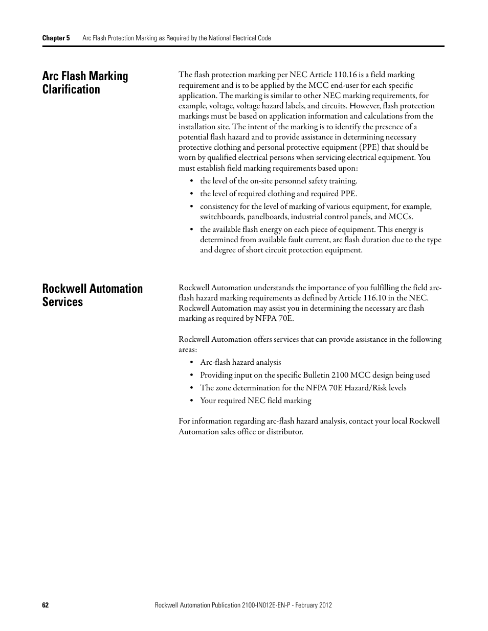 Arc flash marking clarification, Rockwell automation services | Rockwell Automation 2100 CENTERLINE Low Voltage Motor Control Centers  User Manual | Page 62 / 112