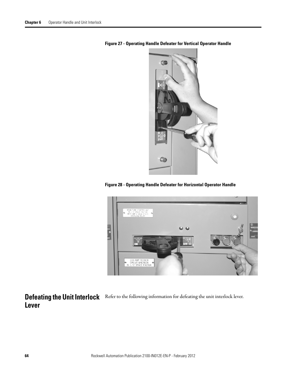 Defeating the unit interlock lever | Rockwell Automation 2100 CENTERLINE Low Voltage Motor Control Centers  User Manual | Page 64 / 112