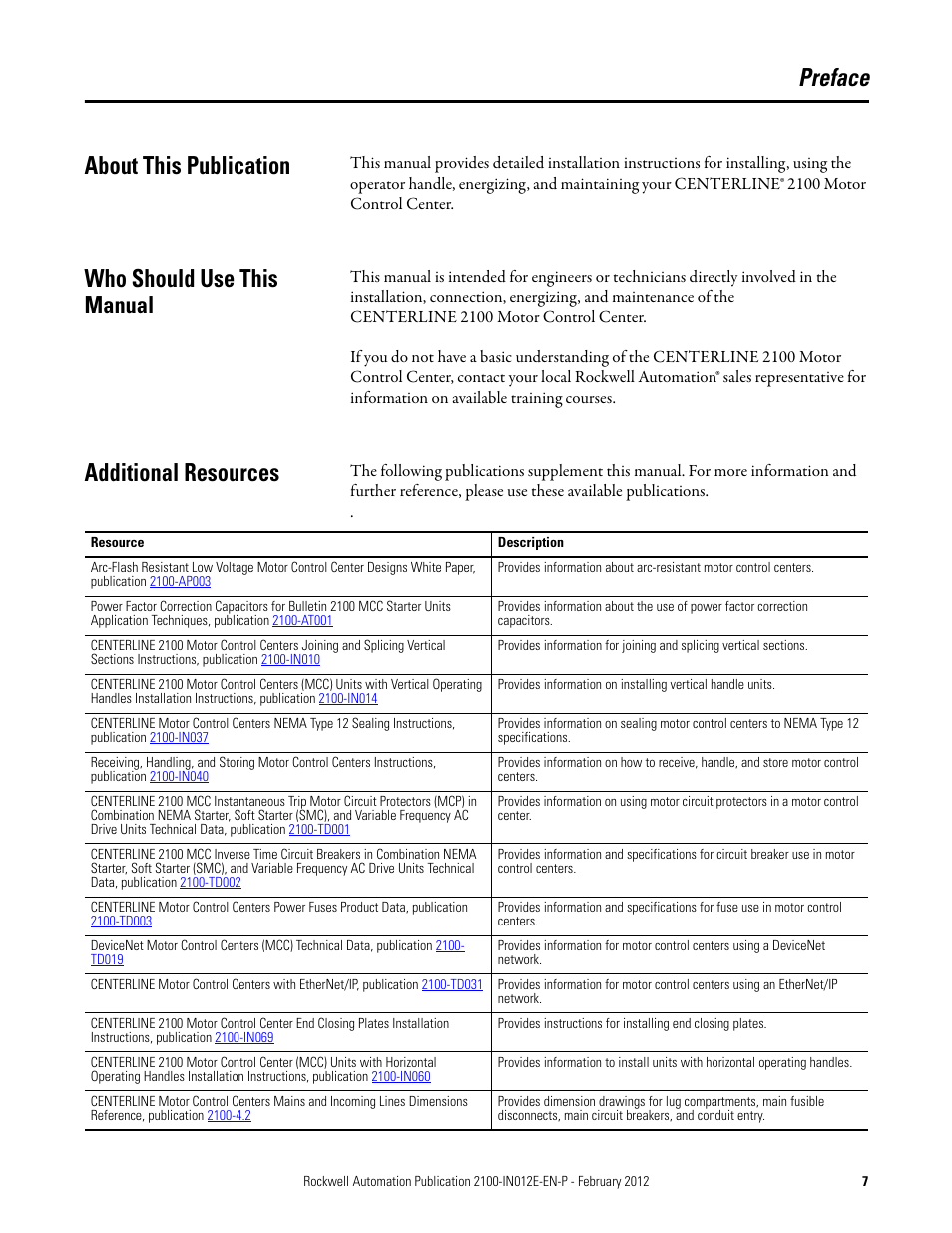 Preface, About this publication, Who should use this manual | Additional resources, Preface about this publication | Rockwell Automation 2100 CENTERLINE Low Voltage Motor Control Centers  User Manual | Page 7 / 112