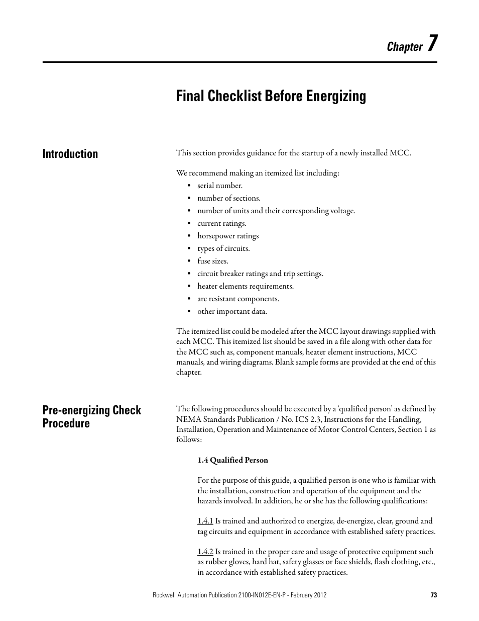 7 - final checklist before energizing, Introduction, Pre-energizing check procedure | Chapter 7, Final checklist before energizing, Introduction pre-energizing check procedure | Rockwell Automation 2100 CENTERLINE Low Voltage Motor Control Centers  User Manual | Page 73 / 112