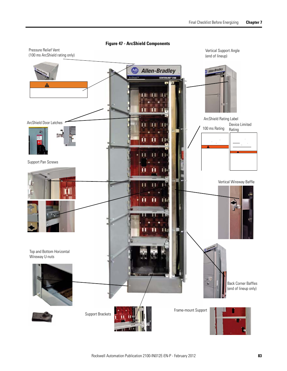 Figure 47 - arcshield components, Warning | Rockwell Automation 2100 CENTERLINE Low Voltage Motor Control Centers  User Manual | Page 83 / 112
