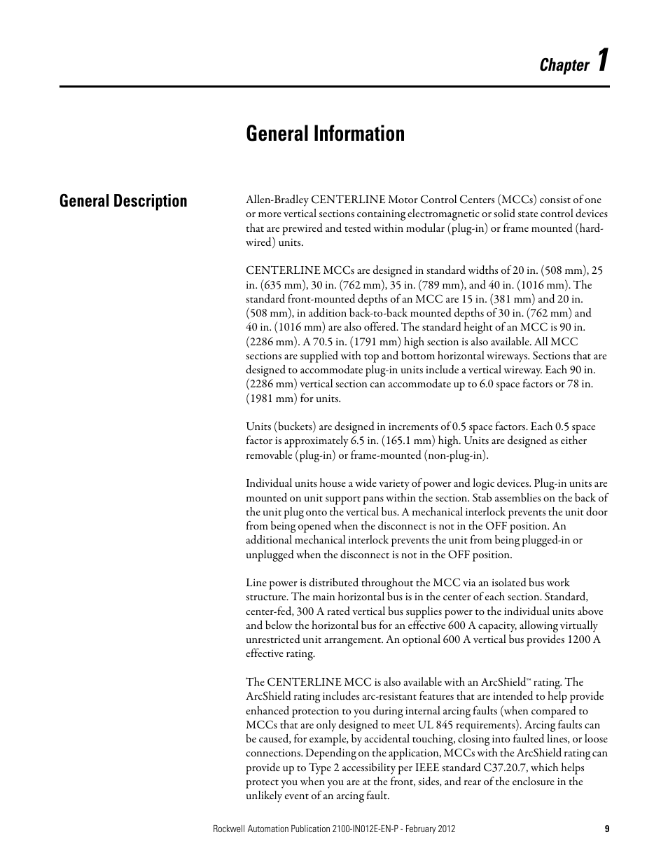 1 - general information, General description, Chapter 1 | General information | Rockwell Automation 2100 CENTERLINE Low Voltage Motor Control Centers  User Manual | Page 9 / 112
