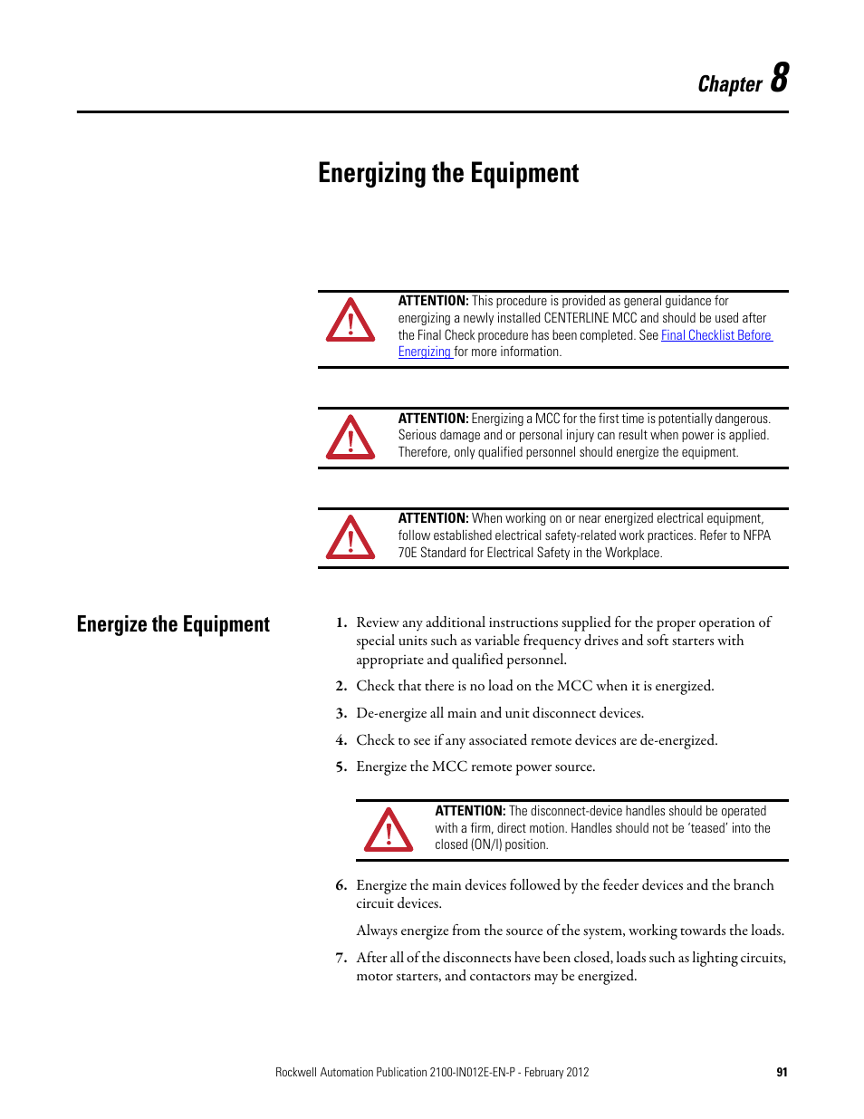 8 - energizing the equipment, Energize the equipment, Chapter 8 | Energizing the equipment, Chapter | Rockwell Automation 2100 CENTERLINE Low Voltage Motor Control Centers  User Manual | Page 91 / 112