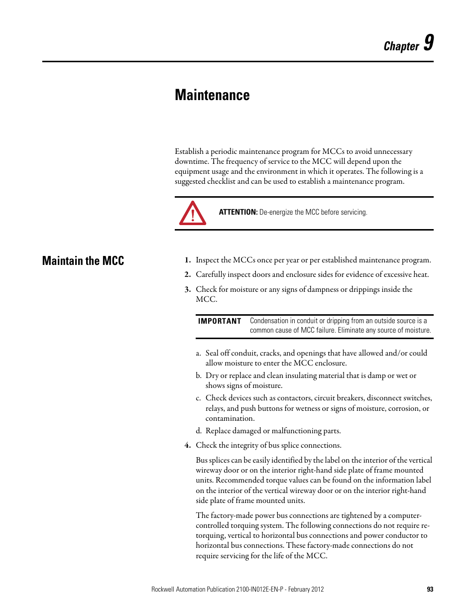 9 - maintenance, Maintain the mcc, Chapter 9 | Maintenance, Chapter | Rockwell Automation 2100 CENTERLINE Low Voltage Motor Control Centers  User Manual | Page 93 / 112