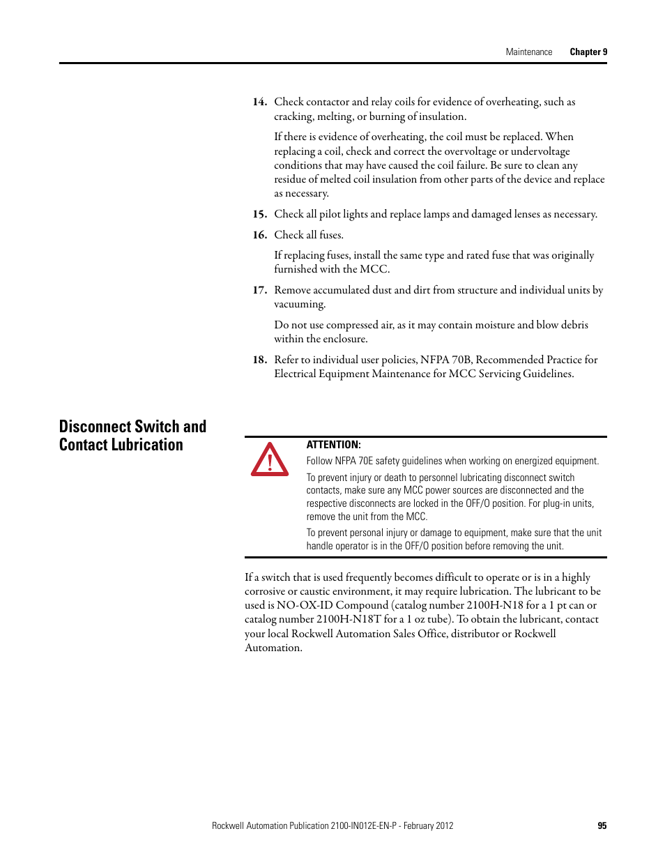 Disconnect switch and contact lubrication | Rockwell Automation 2100 CENTERLINE Low Voltage Motor Control Centers  User Manual | Page 95 / 112