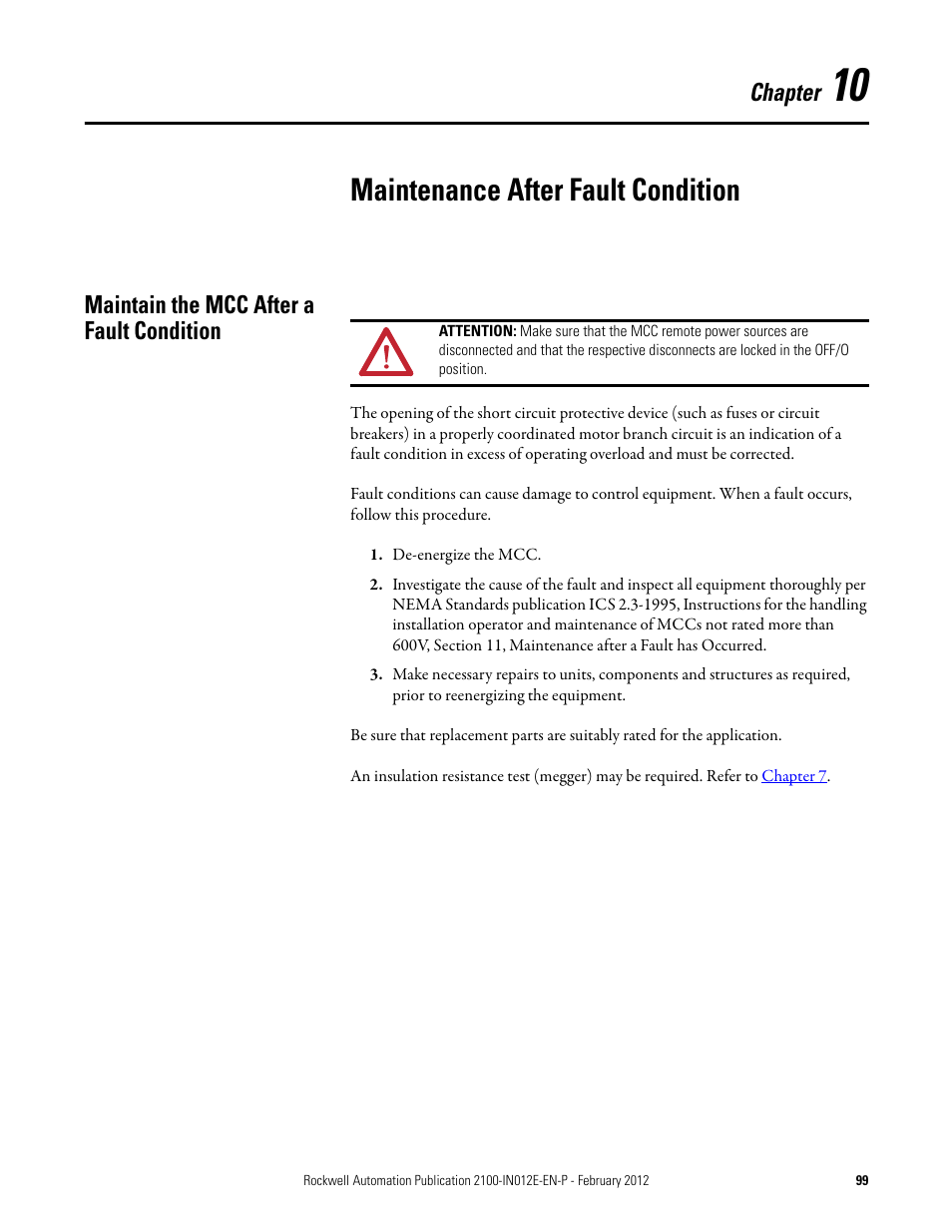 10 - maintenance after fault condition, Maintain the mcc after a fault condition, Chapter 10 | Maintenance after fault condition, Chapter | Rockwell Automation 2100 CENTERLINE Low Voltage Motor Control Centers  User Manual | Page 99 / 112