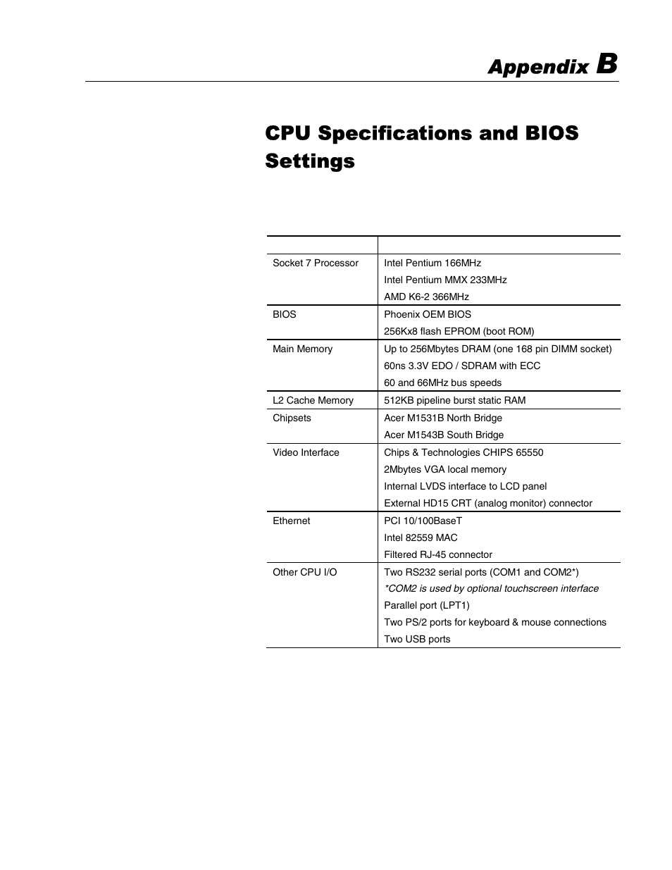 Cpu specifications and bios settings, Appendix, Pentium cpu card specifications | Rockwell Automation 6181 Industrial Computer User Manual | Page 125 / 144