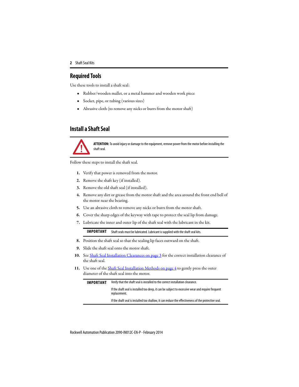 Required tools, Install a shaft seal | Rockwell Automation MPx-xxxx Shaft Seal Kit User Manual | Page 2 / 8