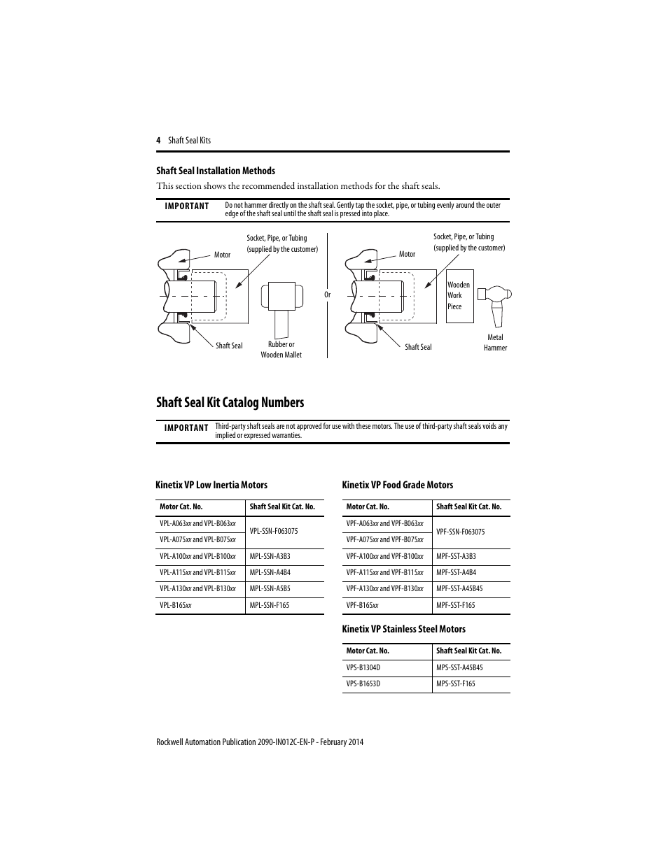 Shaft seal kit catalog numbers | Rockwell Automation MPx-xxxx Shaft Seal Kit User Manual | Page 4 / 8