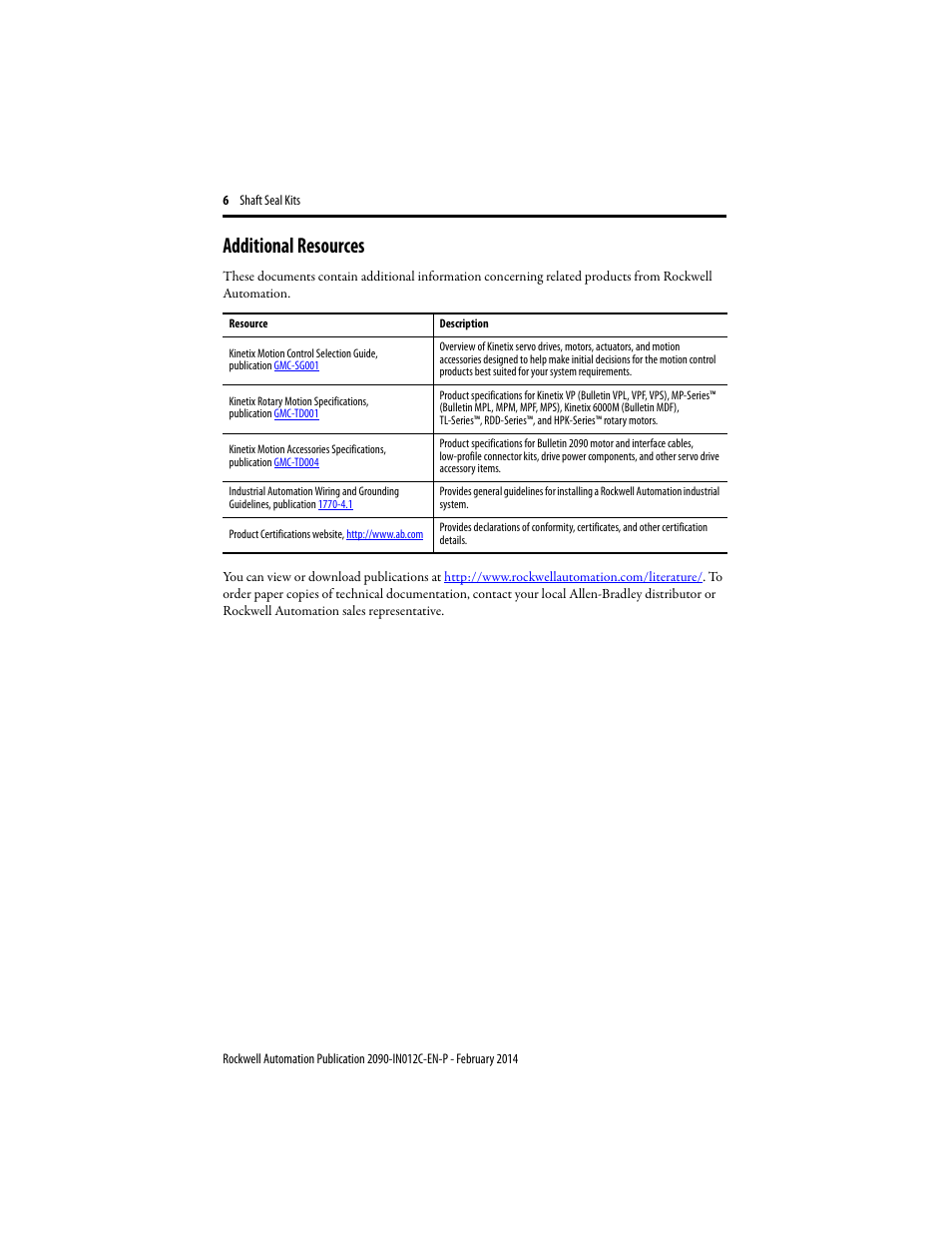 Additional resources | Rockwell Automation MPx-xxxx Shaft Seal Kit User Manual | Page 6 / 8