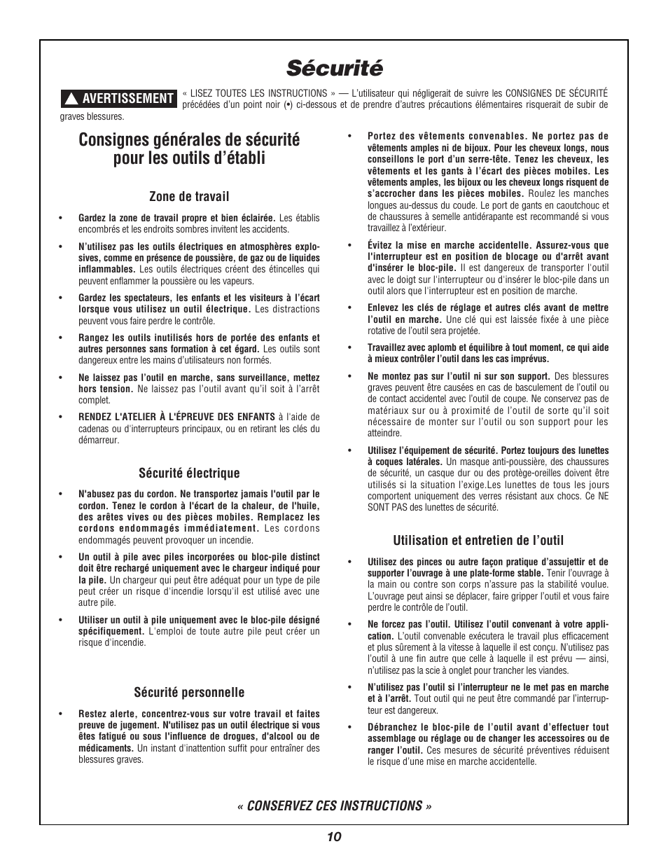 Sécurité, Conservez ces instructions | Bosch 3924B User Manual | Page 10 / 88