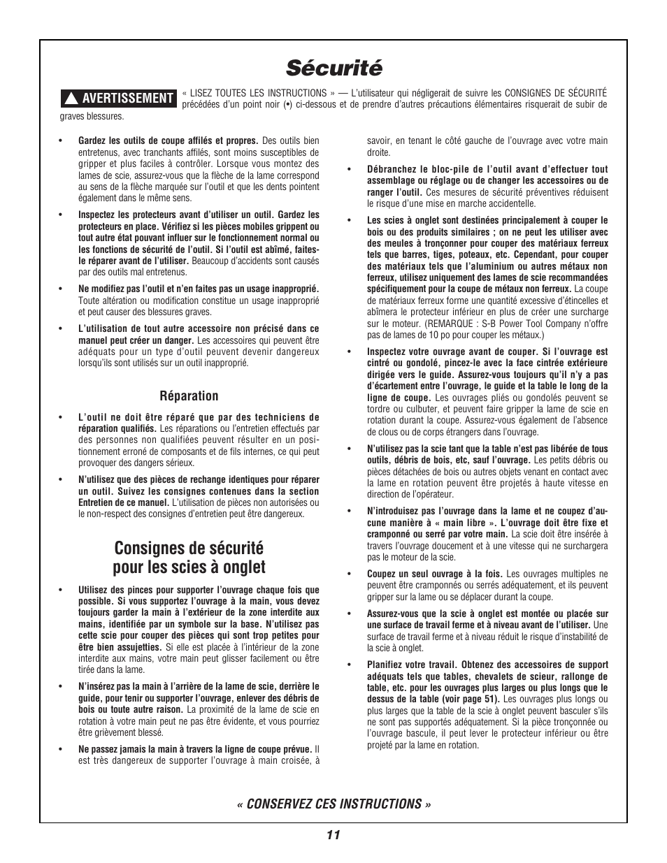 Sécurité, Consignes de sécurité pour les scies à onglet, Conservez ces instructions | Bosch 3924B User Manual | Page 11 / 88