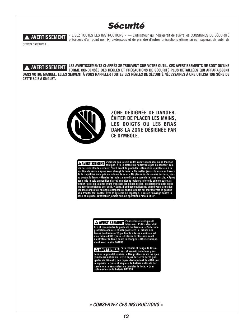Sécurité, Conservez ces instructions | Bosch 3924B User Manual | Page 13 / 88